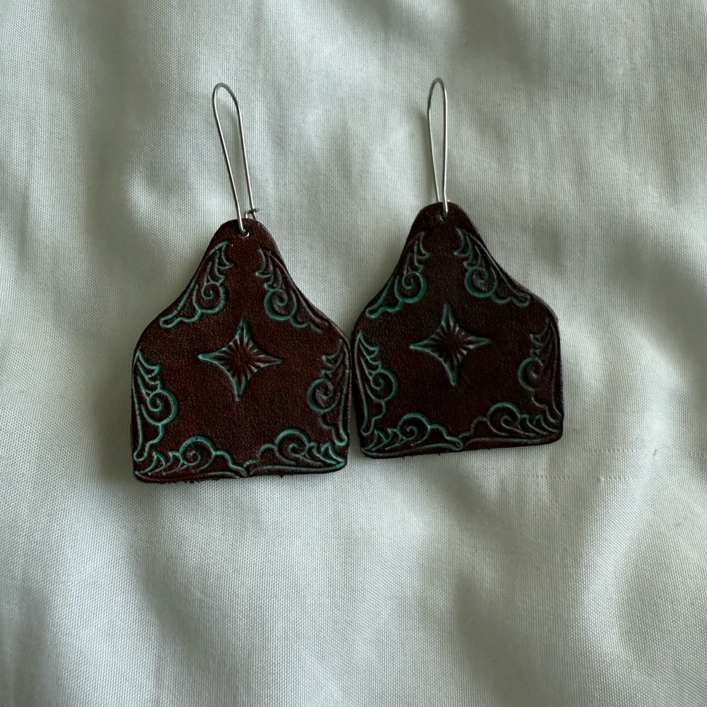 Handcrafted Brown Leather Earrings with Turquoise Accents
